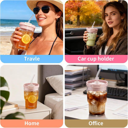 Iced Coffee Glasses with Lids and Straws,Car Cup Holder Friendly, Leakproof Portable Tumblers for Cold Brew, Juice & Smoothie, Ideal for Travel, Office & Gym, BPA-Free (16oz-Pink)