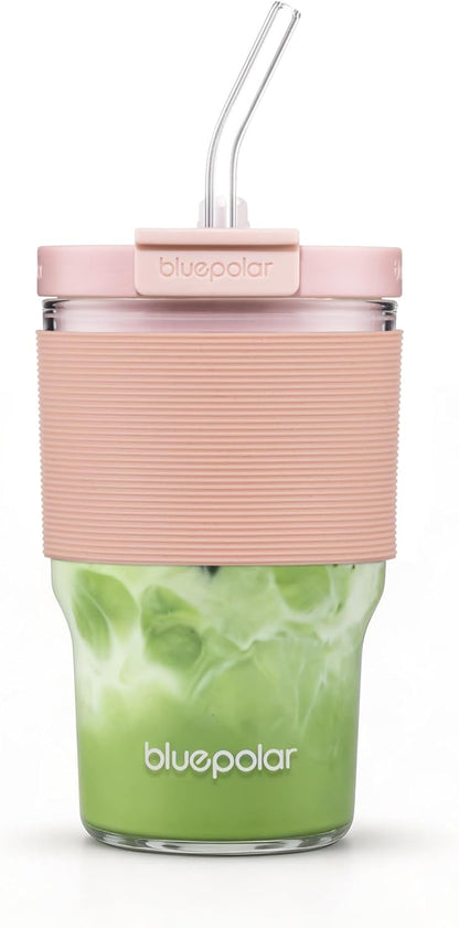 Iced Coffee Glasses with Lids and Straws,Car Cup Holder Friendly, Leakproof Portable Tumblers for Cold Brew, Juice & Smoothie, Ideal for Travel, Office & Gym, BPA-Free (16oz-Pink)