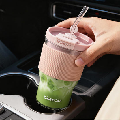 Iced Coffee Glasses with Lids and Straws,Car Cup Holder Friendly, Leakproof Portable Tumblers for Cold Brew, Juice & Smoothie, Ideal for Travel, Office & Gym, BPA-Free (16oz-Pink)