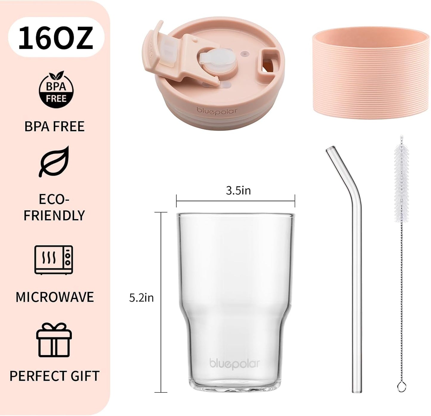Iced Coffee Glasses with Lids and Straws,Car Cup Holder Friendly, Leakproof Portable Tumblers for Cold Brew, Juice & Smoothie, Ideal for Travel, Office & Gym, BPA-Free (16oz-Pink)