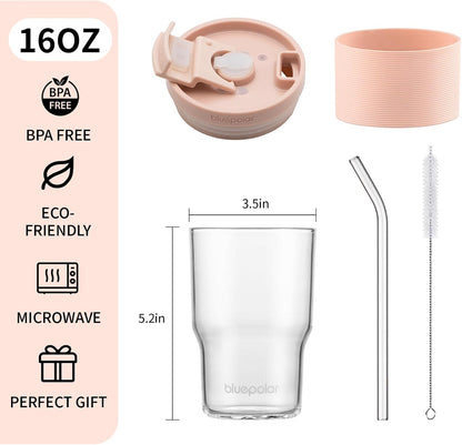 Iced Coffee Glasses with Lids and Straws,Car Cup Holder Friendly, Leakproof Portable Tumblers for Cold Brew, Juice & Smoothie, Ideal for Travel, Office & Gym, BPA-Free (16oz-Pink)