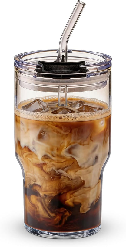 Iced Coffee Glasses with Lids and Straws,Car Cup Holder Friendly, Leakproof Portable Tumblers for Cold Brew, Juice & Smoothie, Ideal for Travel, Office & Gym, BPA-Free (16oz-Pink)