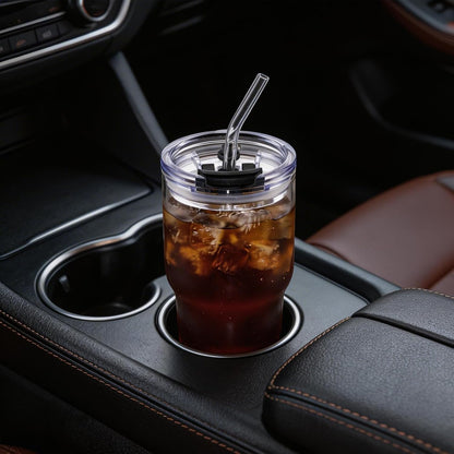 Iced Coffee Glasses with Lids and Straws,Car Cup Holder Friendly, Leakproof Portable Tumblers for Cold Brew, Juice & Smoothie, Ideal for Travel, Office & Gym, BPA-Free (16oz-Pink)