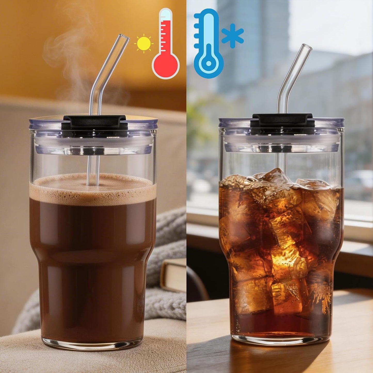 Iced Coffee Glasses with Lids and Straws,Car Cup Holder Friendly, Leakproof Portable Tumblers for Cold Brew, Juice & Smoothie, Ideal for Travel, Office & Gym, BPA-Free (16oz-Pink)