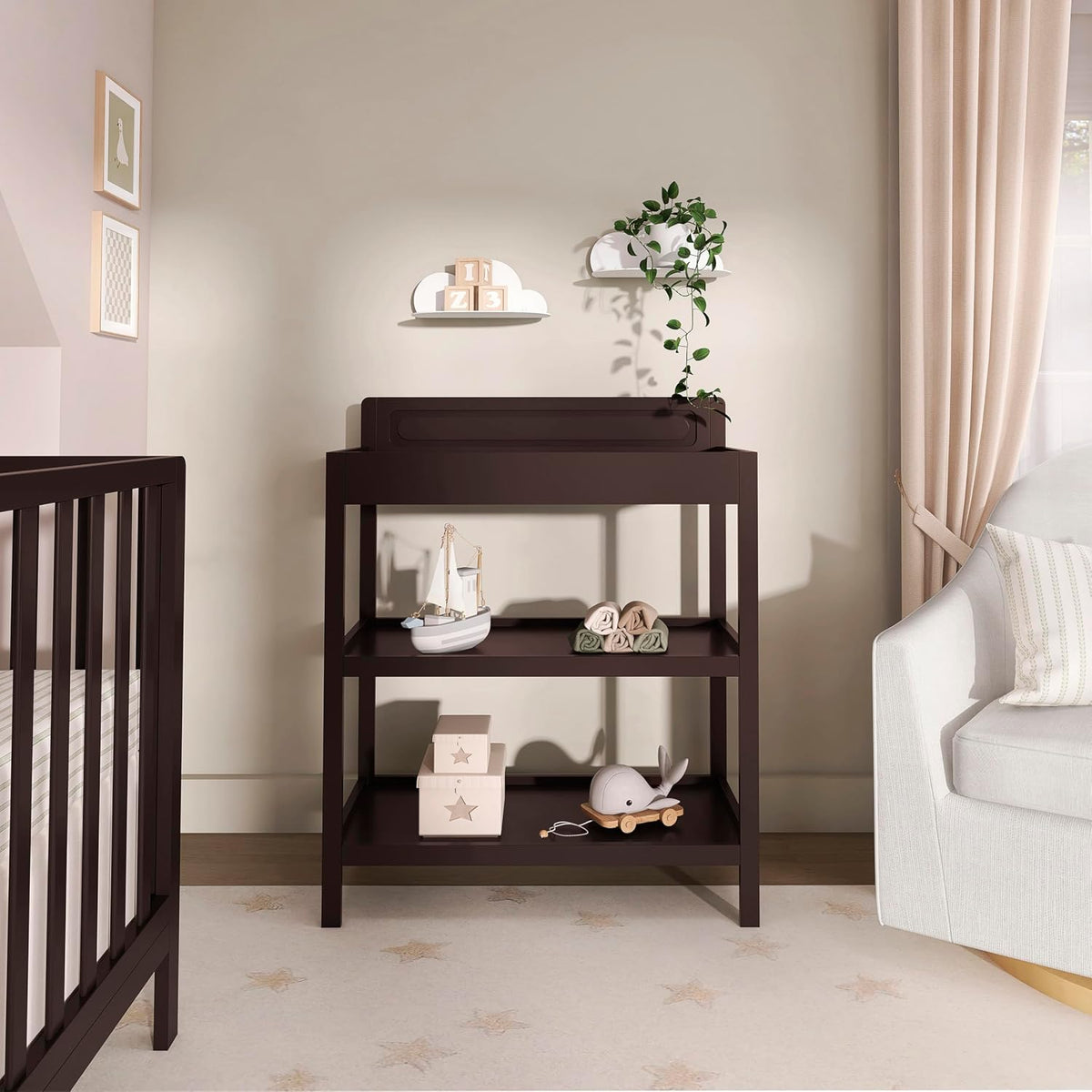 Avery Baby Changing Table with Storage, New Zealand Pinewood, BSA Safety Certified, 2 Open Shelves, Water-Based Finish, Compact Space-Saving Nursery Design, White