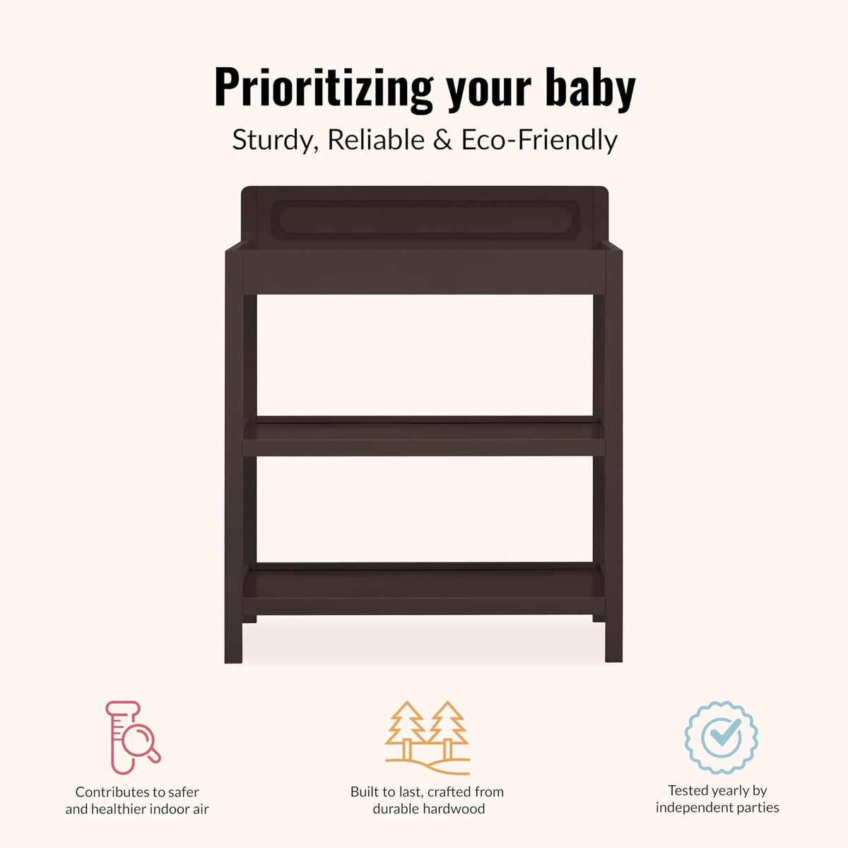 Avery Baby Changing Table with Storage, New Zealand Pinewood, BSA Safety Certified, 2 Open Shelves, Water-Based Finish, Compact Space-Saving Nursery Design, White