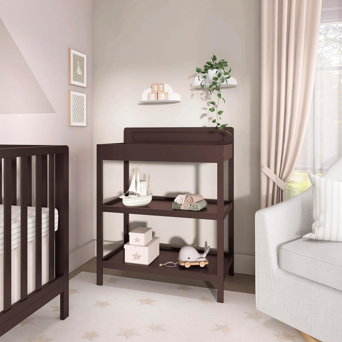 Avery Baby Changing Table with Storage, New Zealand Pinewood, BSA Safety Certified, 2 Open Shelves, Water-Based Finish, Compact Space-Saving Nursery Design, White