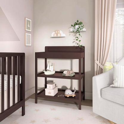 Avery Baby Changing Table with Storage, New Zealand Pinewood, BSA Safety Certified, 2 Open Shelves, Water-Based Finish, Compact Space-Saving Nursery Design, White