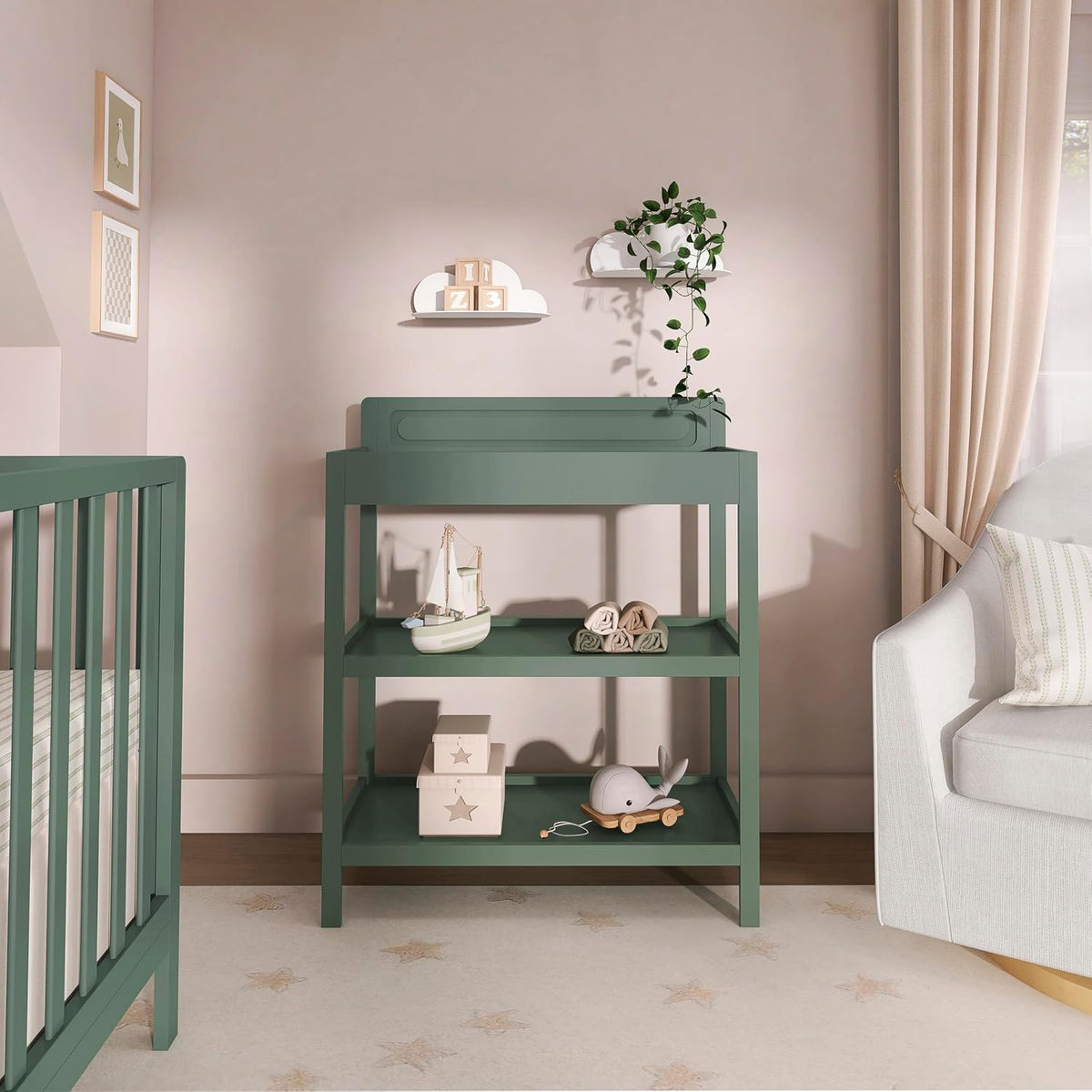 Avery Baby Changing Table with Storage, New Zealand Pinewood, BSA Safety Certified, 2 Open Shelves, Water-Based Finish, Compact Space-Saving Nursery Design, White