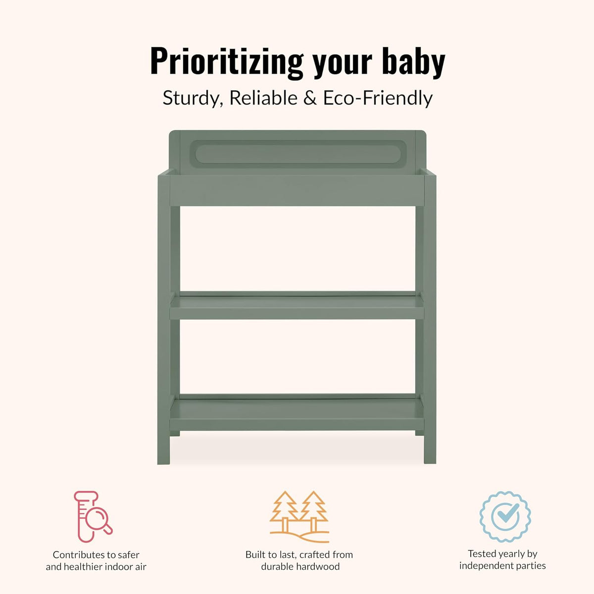 Avery Baby Changing Table with Storage, New Zealand Pinewood, BSA Safety Certified, 2 Open Shelves, Water-Based Finish, Compact Space-Saving Nursery Design, White