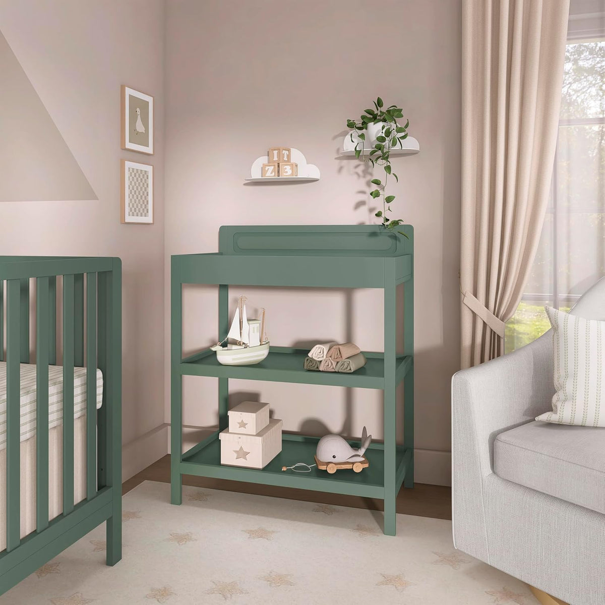 Avery Baby Changing Table with Storage, New Zealand Pinewood, BSA Safety Certified, 2 Open Shelves, Water-Based Finish, Compact Space-Saving Nursery Design, White