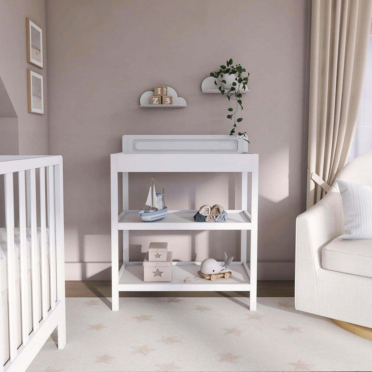 Avery Baby Changing Table with Storage, New Zealand Pinewood, BSA Safety Certified, 2 Open Shelves, Water-Based Finish, Compact Space-Saving Nursery Design, White