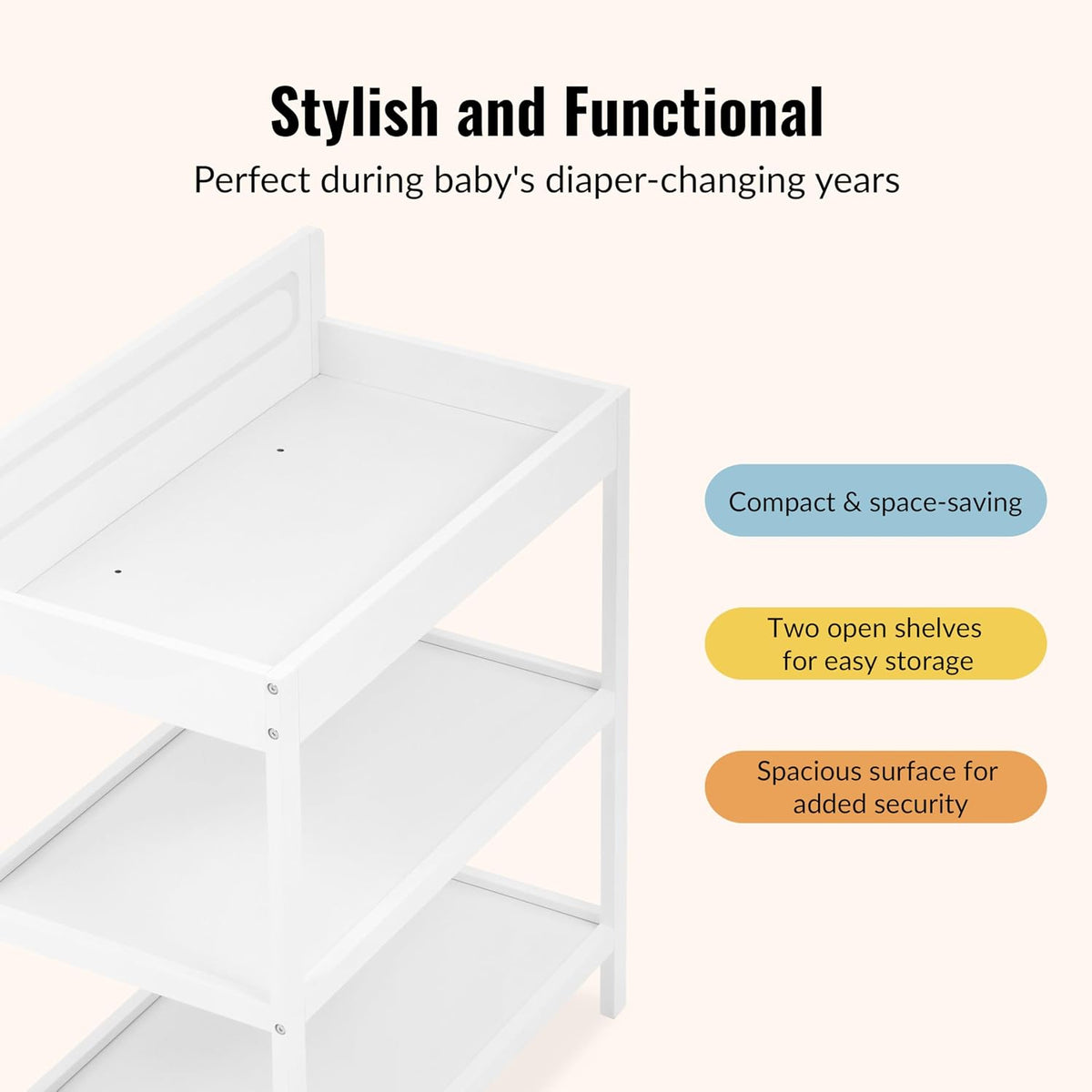Avery Baby Changing Table with Storage, New Zealand Pinewood, BSA Safety Certified, 2 Open Shelves, Water-Based Finish, Compact Space-Saving Nursery Design, White