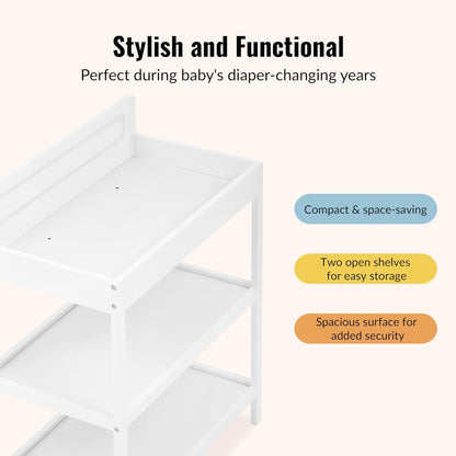 Avery Baby Changing Table with Storage, New Zealand Pinewood, BSA Safety Certified, 2 Open Shelves, Water-Based Finish, Compact Space-Saving Nursery Design, White