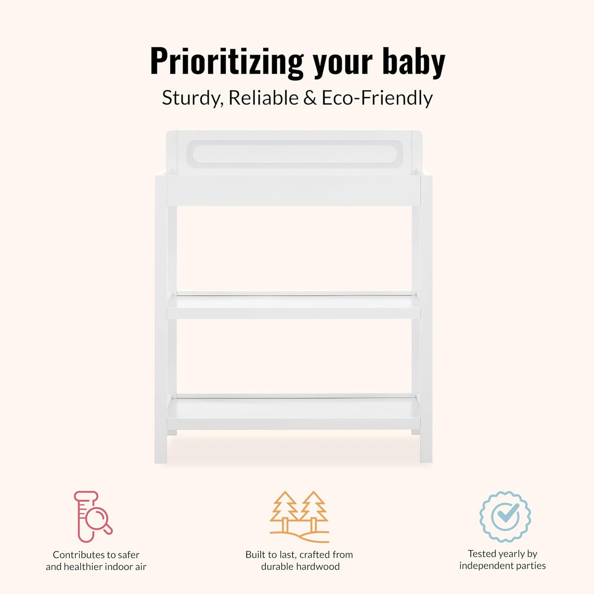Avery Baby Changing Table with Storage, New Zealand Pinewood, BSA Safety Certified, 2 Open Shelves, Water-Based Finish, Compact Space-Saving Nursery Design, White