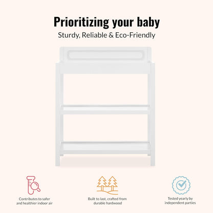 Avery Baby Changing Table with Storage, New Zealand Pinewood, BSA Safety Certified, 2 Open Shelves, Water-Based Finish, Compact Space-Saving Nursery Design, White