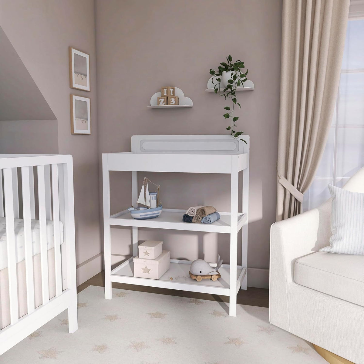 Avery Baby Changing Table with Storage, New Zealand Pinewood, BSA Safety Certified, 2 Open Shelves, Water-Based Finish, Compact Space-Saving Nursery Design, White