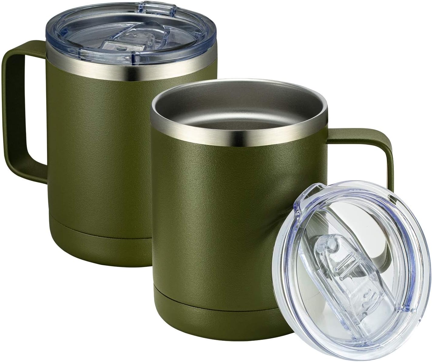 12oz Coffee Mug With Handle and Sliding Lid,Stainless Steel Travel Tumbler Cup with Handle,Double Wall Vacuum Insulated Camping Cup for Hot & Cold Drinks Tea (White, Set of 1