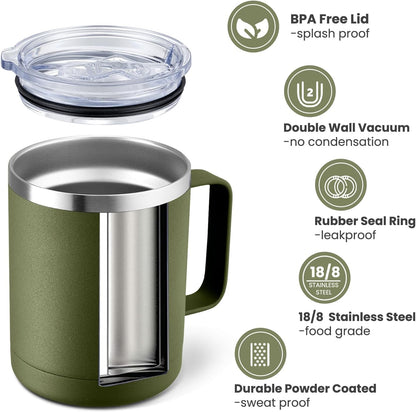 12oz Coffee Mug With Handle and Sliding Lid,Stainless Steel Travel Tumbler Cup with Handle,Double Wall Vacuum Insulated Camping Cup for Hot & Cold Drinks Tea (White, Set of 1