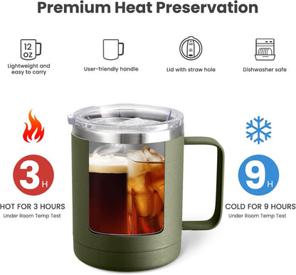 12oz Coffee Mug With Handle and Sliding Lid,Stainless Steel Travel Tumbler Cup with Handle,Double Wall Vacuum Insulated Camping Cup for Hot & Cold Drinks Tea (White, Set of 1