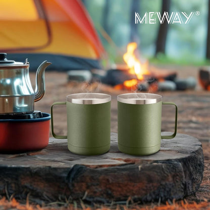 12oz Coffee Mug With Handle and Sliding Lid,Stainless Steel Travel Tumbler Cup with Handle,Double Wall Vacuum Insulated Camping Cup for Hot & Cold Drinks Tea (White, Set of 1