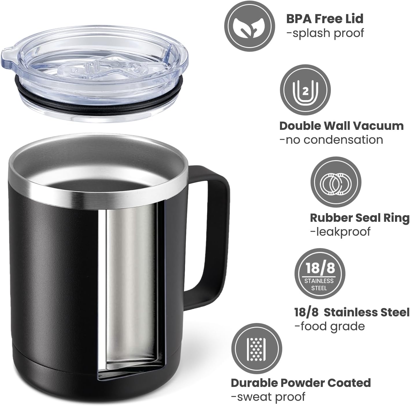 12oz Coffee Mug With Handle and Sliding Lid,Stainless Steel Travel Tumbler Cup with Handle,Double Wall Vacuum Insulated Camping Cup for Hot & Cold Drinks Tea (White, Set of 1