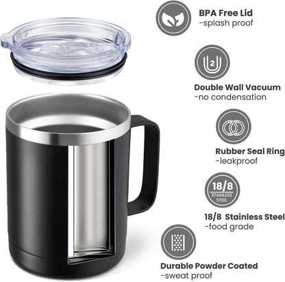 12oz Coffee Mug With Handle and Sliding Lid,Stainless Steel Travel Tumbler Cup with Handle,Double Wall Vacuum Insulated Camping Cup for Hot & Cold Drinks Tea (White, Set of 1
