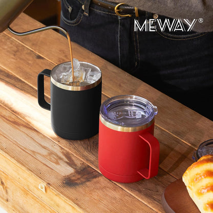 12oz Coffee Mug With Handle and Sliding Lid,Stainless Steel Travel Tumbler Cup with Handle,Double Wall Vacuum Insulated Camping Cup for Hot & Cold Drinks Tea (White, Set of 1