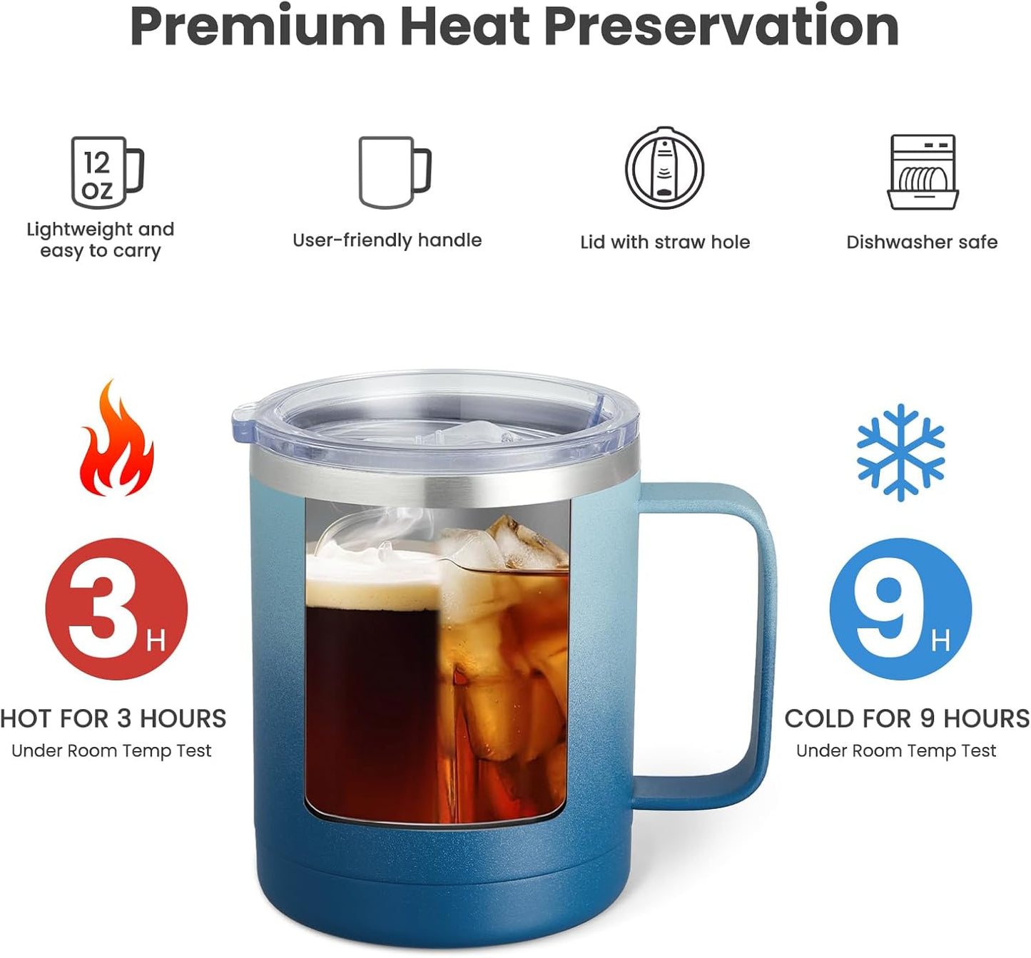 12oz Coffee Mug With Handle and Sliding Lid,Stainless Steel Travel Tumbler Cup with Handle,Double Wall Vacuum Insulated Camping Cup for Hot & Cold Drinks Tea (White, Set of 1