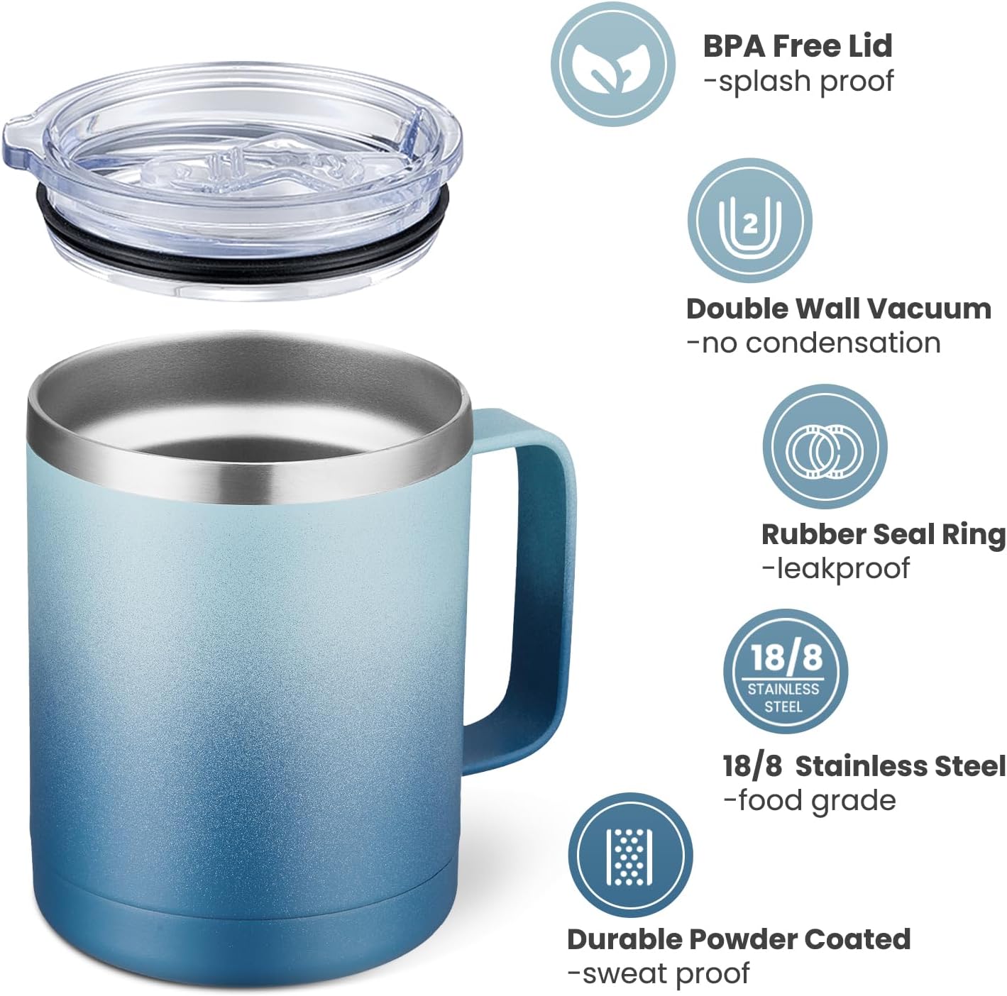 12oz Coffee Mug With Handle and Sliding Lid,Stainless Steel Travel Tumbler Cup with Handle,Double Wall Vacuum Insulated Camping Cup for Hot & Cold Drinks Tea (White, Set of 1