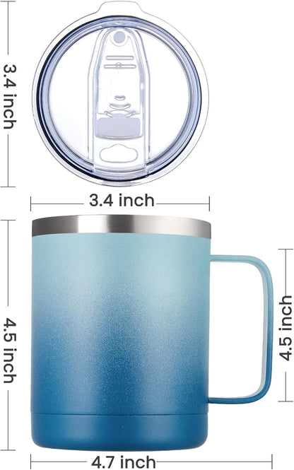 12oz Coffee Mug With Handle and Sliding Lid,Stainless Steel Travel Tumbler Cup with Handle,Double Wall Vacuum Insulated Camping Cup for Hot & Cold Drinks Tea (White, Set of 1