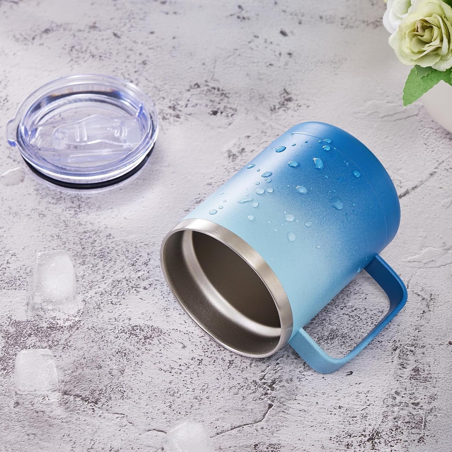 12oz Coffee Mug With Handle and Sliding Lid,Stainless Steel Travel Tumbler Cup with Handle,Double Wall Vacuum Insulated Camping Cup for Hot & Cold Drinks Tea (White, Set of 1