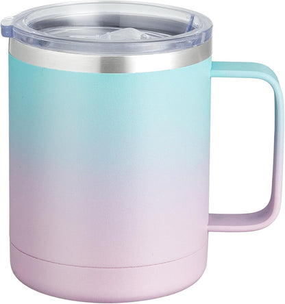 12oz Coffee Mug With Handle and Sliding Lid,Stainless Steel Travel Tumbler Cup with Handle,Double Wall Vacuum Insulated Camping Cup for Hot & Cold Drinks Tea (White, Set of 1