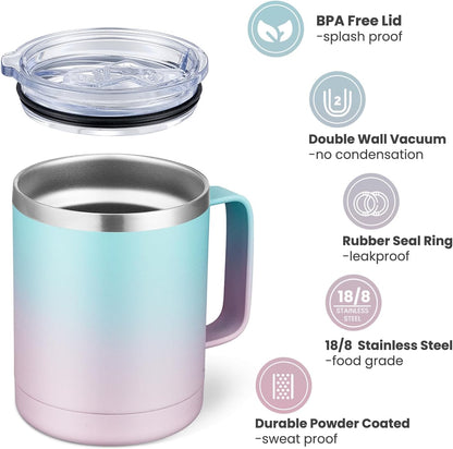 12oz Coffee Mug With Handle and Sliding Lid,Stainless Steel Travel Tumbler Cup with Handle,Double Wall Vacuum Insulated Camping Cup for Hot & Cold Drinks Tea (White, Set of 1