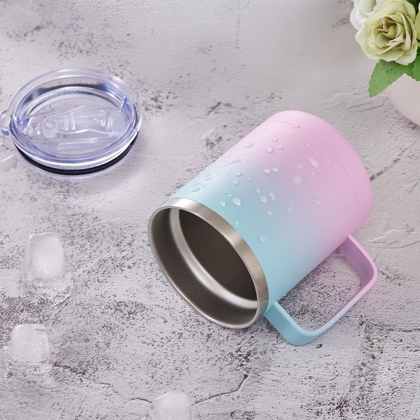 12oz Coffee Mug With Handle and Sliding Lid,Stainless Steel Travel Tumbler Cup with Handle,Double Wall Vacuum Insulated Camping Cup for Hot & Cold Drinks Tea (White, Set of 1