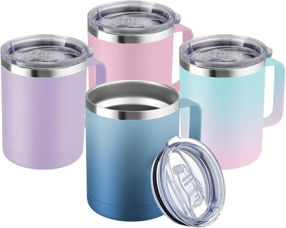 12oz Coffee Mug With Handle and Sliding Lid,Stainless Steel Travel Tumbler Cup with Handle,Double Wall Vacuum Insulated Camping Cup for Hot & Cold Drinks Tea (White, Set of 1