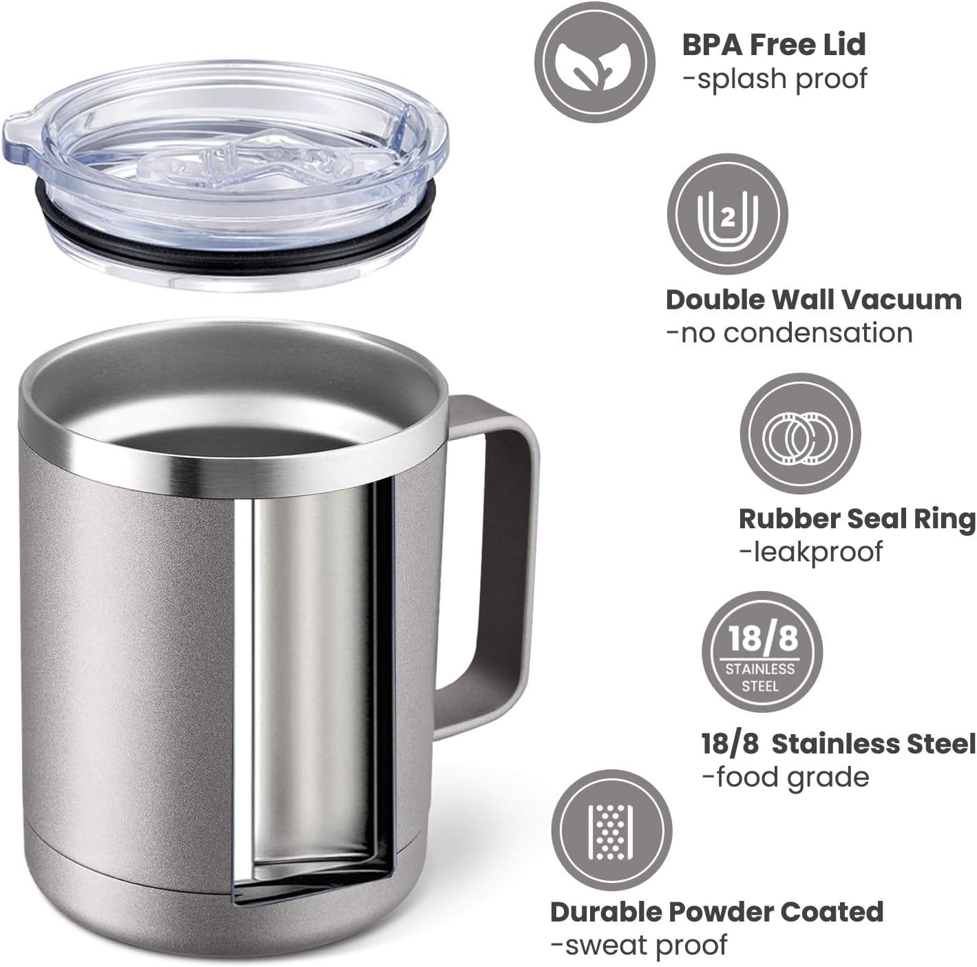12oz Coffee Mug With Handle and Sliding Lid,Stainless Steel Travel Tumbler Cup with Handle,Double Wall Vacuum Insulated Camping Cup for Hot & Cold Drinks Tea (White, Set of 1
