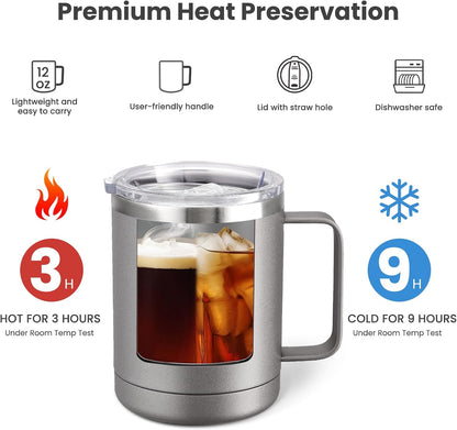 12oz Coffee Mug With Handle and Sliding Lid,Stainless Steel Travel Tumbler Cup with Handle,Double Wall Vacuum Insulated Camping Cup for Hot & Cold Drinks Tea (White, Set of 1