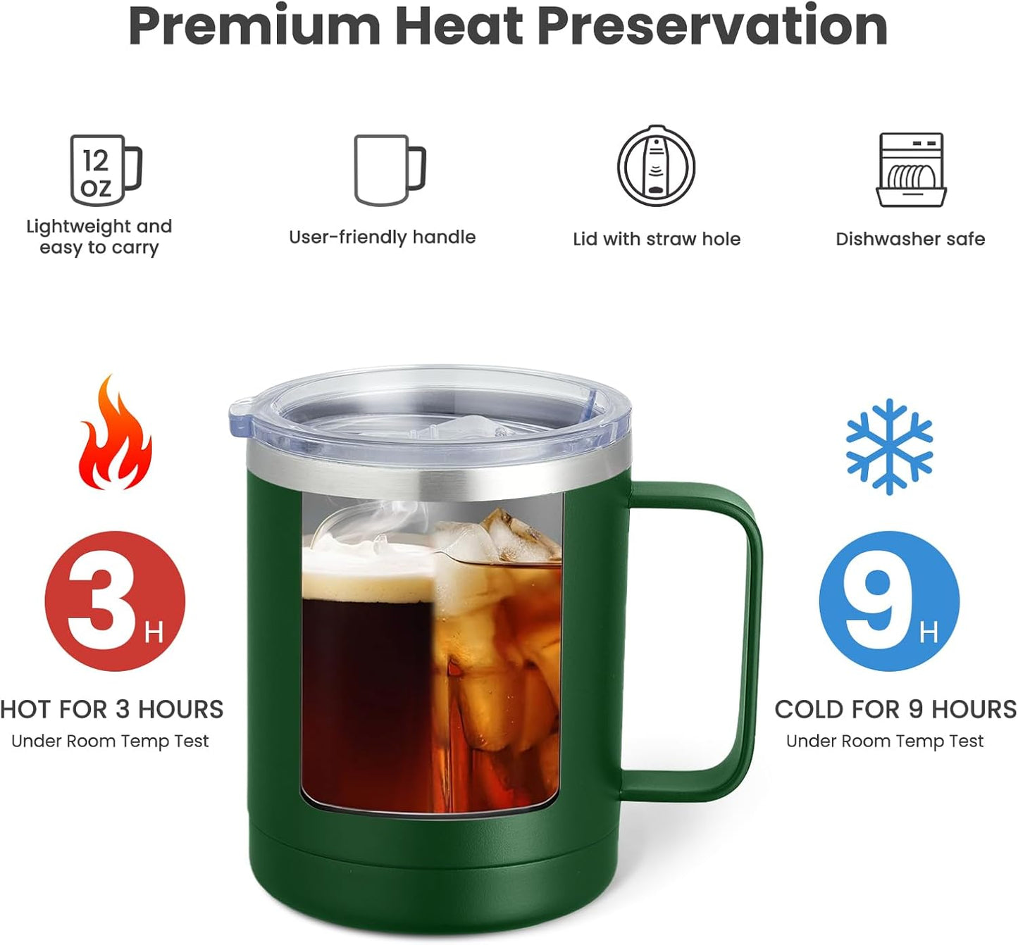 12oz Coffee Mug With Handle and Sliding Lid,Stainless Steel Travel Tumbler Cup with Handle,Double Wall Vacuum Insulated Camping Cup for Hot & Cold Drinks Tea (White, Set of 1