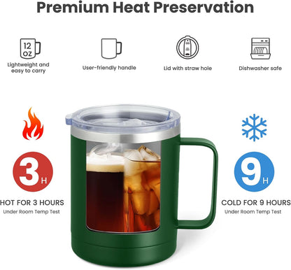 12oz Coffee Mug With Handle and Sliding Lid,Stainless Steel Travel Tumbler Cup with Handle,Double Wall Vacuum Insulated Camping Cup for Hot & Cold Drinks Tea (White, Set of 1