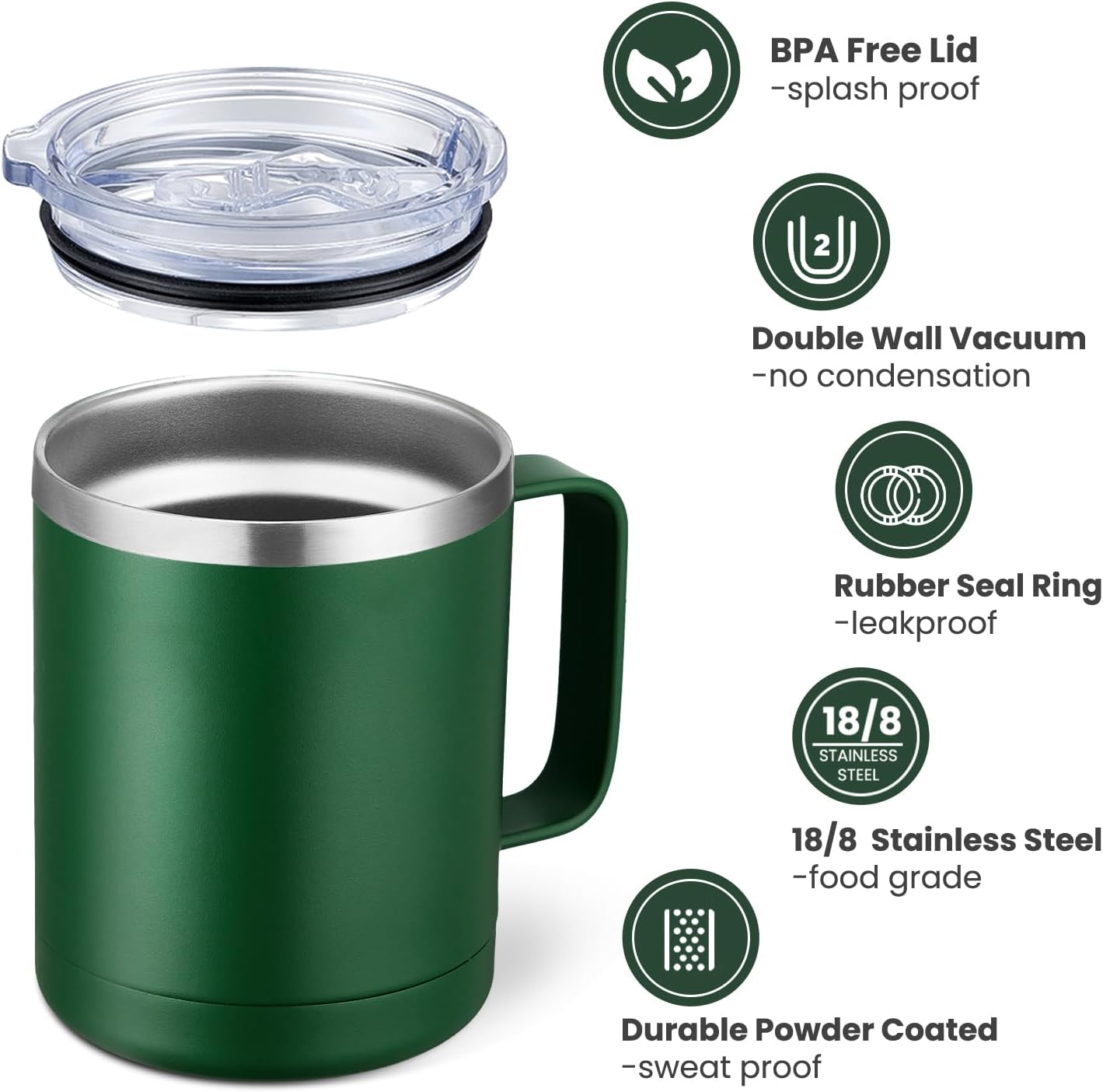 12oz Coffee Mug With Handle and Sliding Lid,Stainless Steel Travel Tumbler Cup with Handle,Double Wall Vacuum Insulated Camping Cup for Hot & Cold Drinks Tea (White, Set of 1