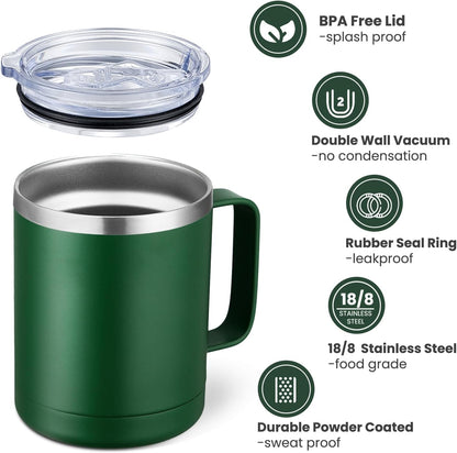 12oz Coffee Mug With Handle and Sliding Lid,Stainless Steel Travel Tumbler Cup with Handle,Double Wall Vacuum Insulated Camping Cup for Hot & Cold Drinks Tea (White, Set of 1