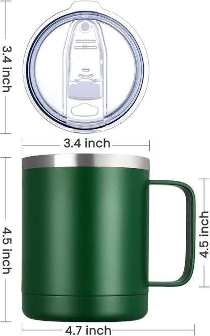 12oz Coffee Mug With Handle and Sliding Lid,Stainless Steel Travel Tumbler Cup with Handle,Double Wall Vacuum Insulated Camping Cup for Hot & Cold Drinks Tea (White, Set of 1