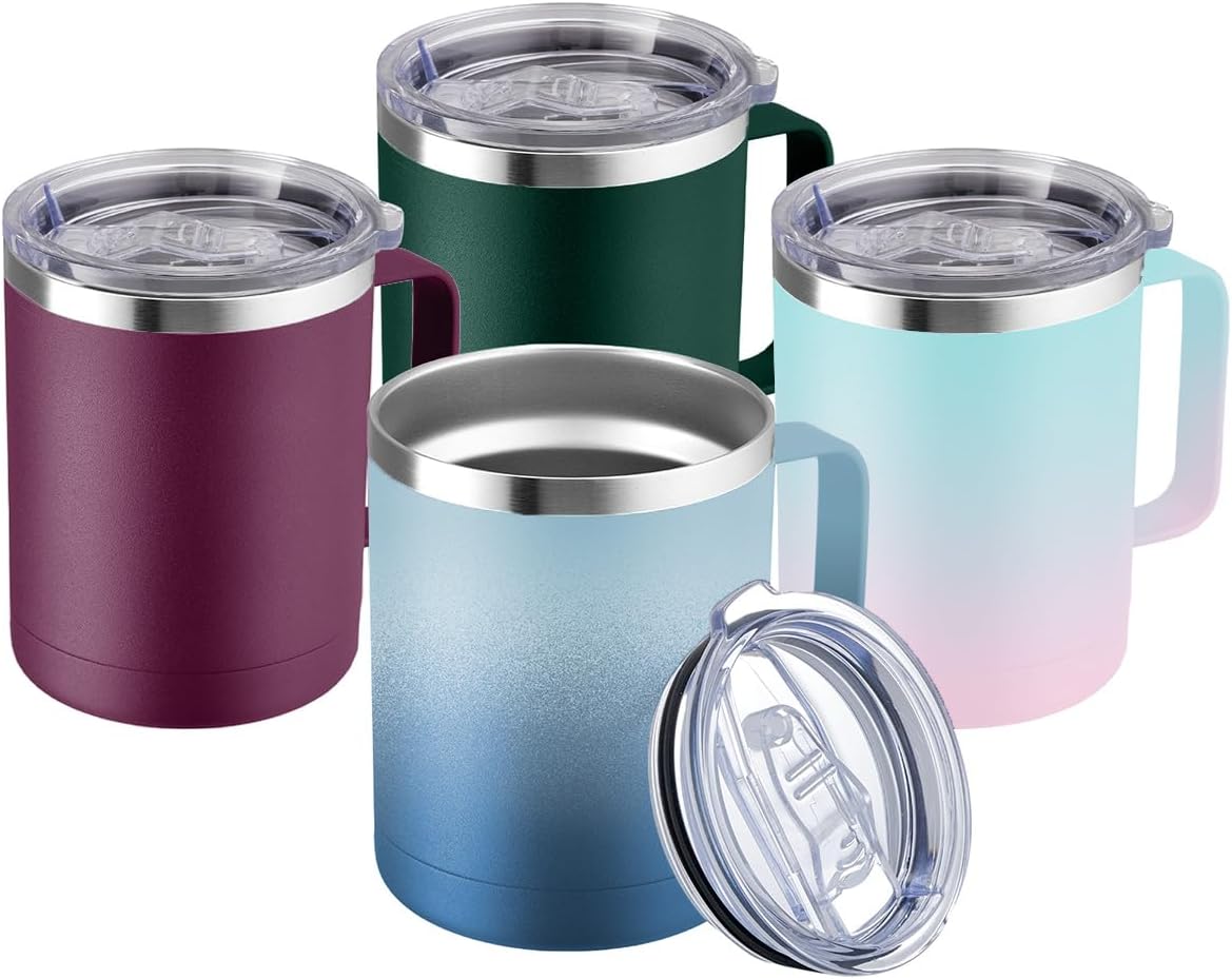 12oz Coffee Mug With Handle and Sliding Lid,Stainless Steel Travel Tumbler Cup with Handle,Double Wall Vacuum Insulated Camping Cup for Hot & Cold Drinks Tea (White, Set of 1