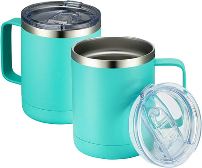12oz Coffee Mug With Handle and Sliding Lid,Stainless Steel Travel Tumbler Cup with Handle,Double Wall Vacuum Insulated Camping Cup for Hot & Cold Drinks Tea (White, Set of 1