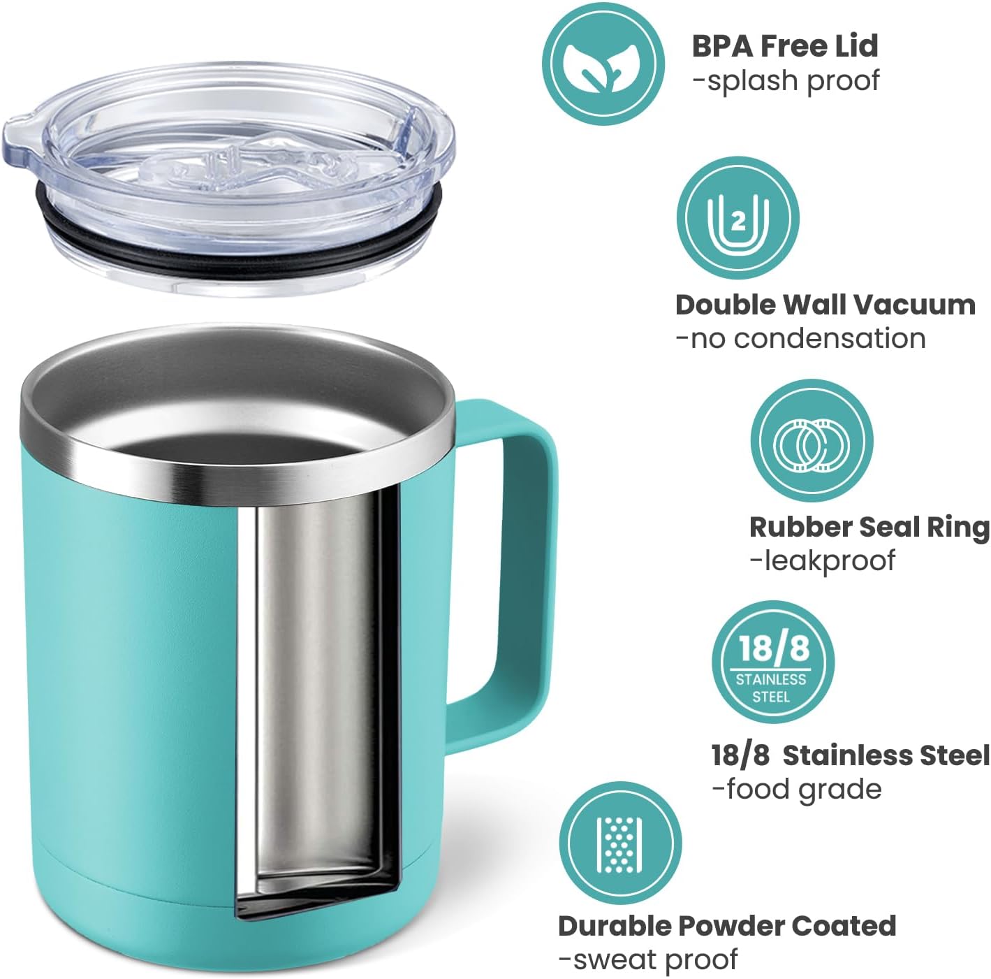 12oz Coffee Mug With Handle and Sliding Lid,Stainless Steel Travel Tumbler Cup with Handle,Double Wall Vacuum Insulated Camping Cup for Hot & Cold Drinks Tea (White, Set of 1
