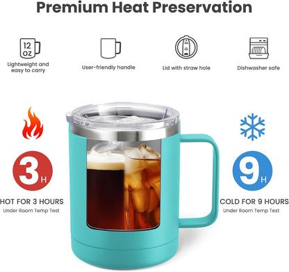 12oz Coffee Mug With Handle and Sliding Lid,Stainless Steel Travel Tumbler Cup with Handle,Double Wall Vacuum Insulated Camping Cup for Hot & Cold Drinks Tea (White, Set of 1