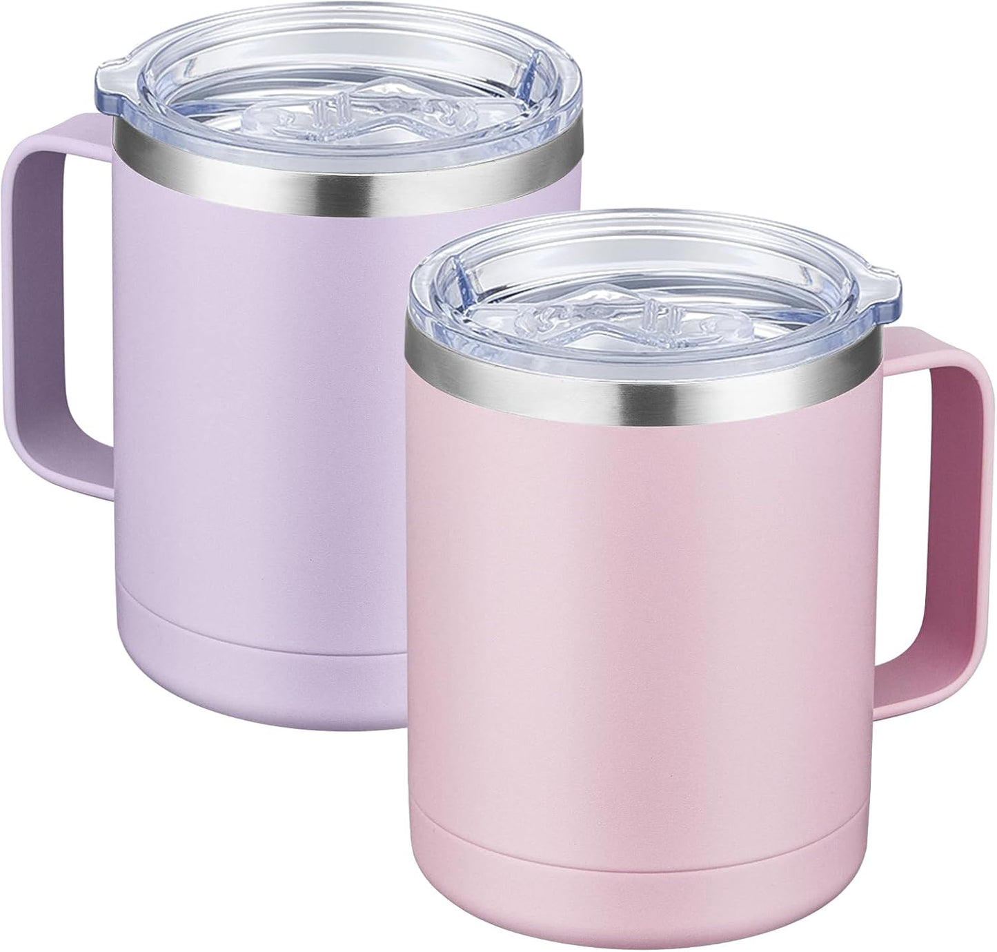 12oz Coffee Mug With Handle and Sliding Lid,Stainless Steel Travel Tumbler Cup with Handle,Double Wall Vacuum Insulated Camping Cup for Hot & Cold Drinks Tea (White, Set of 1