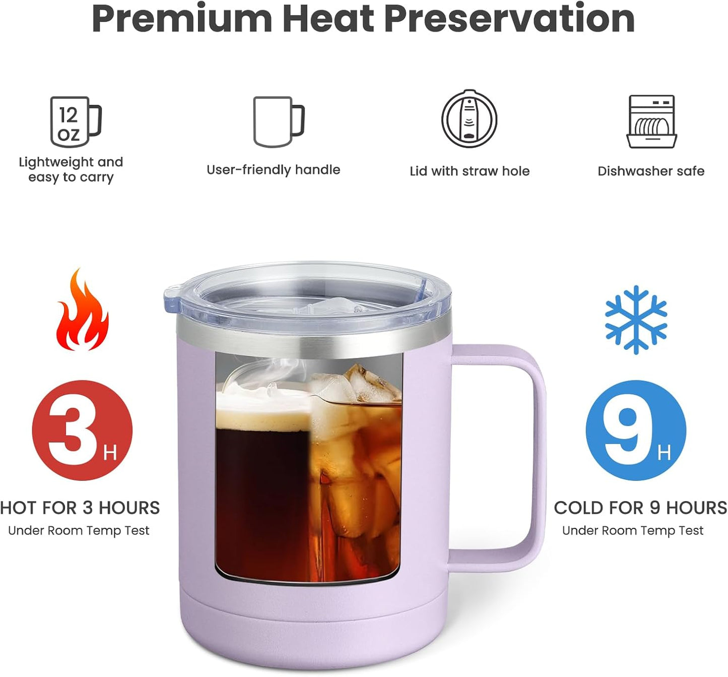 12oz Coffee Mug With Handle and Sliding Lid,Stainless Steel Travel Tumbler Cup with Handle,Double Wall Vacuum Insulated Camping Cup for Hot & Cold Drinks Tea (White, Set of 1
