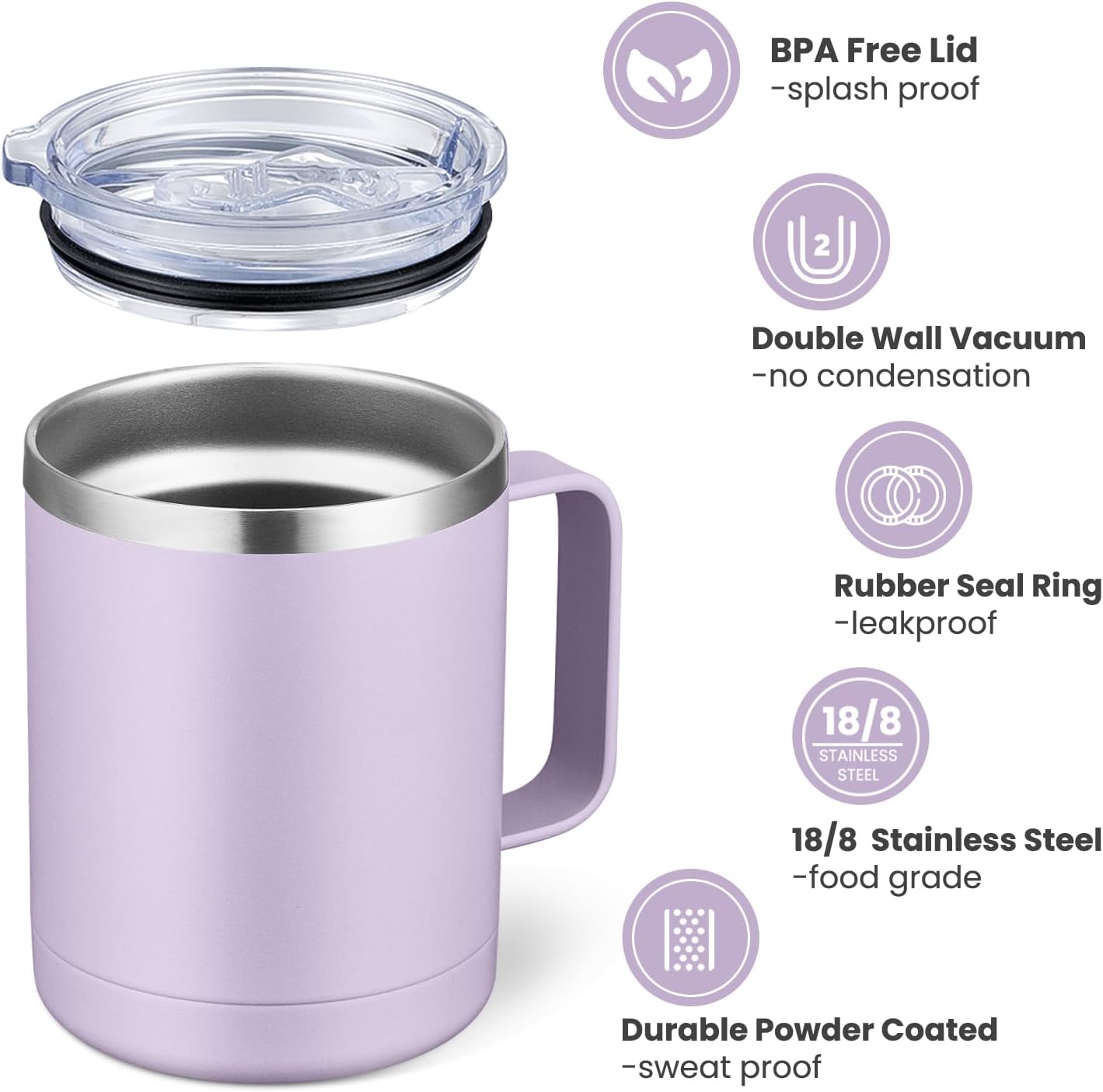 12oz Coffee Mug With Handle and Sliding Lid,Stainless Steel Travel Tumbler Cup with Handle,Double Wall Vacuum Insulated Camping Cup for Hot & Cold Drinks Tea (White, Set of 1